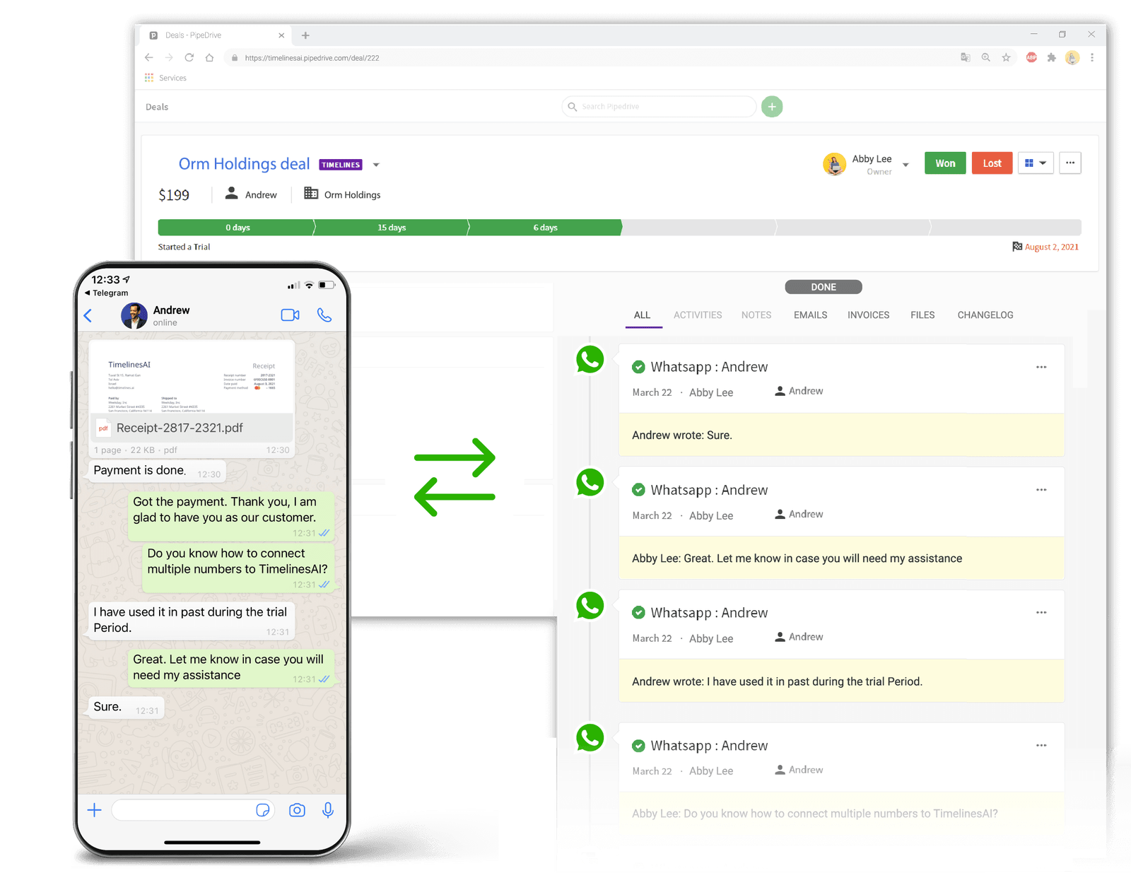 Sync Whatsapp messaging into PipeDrive deals