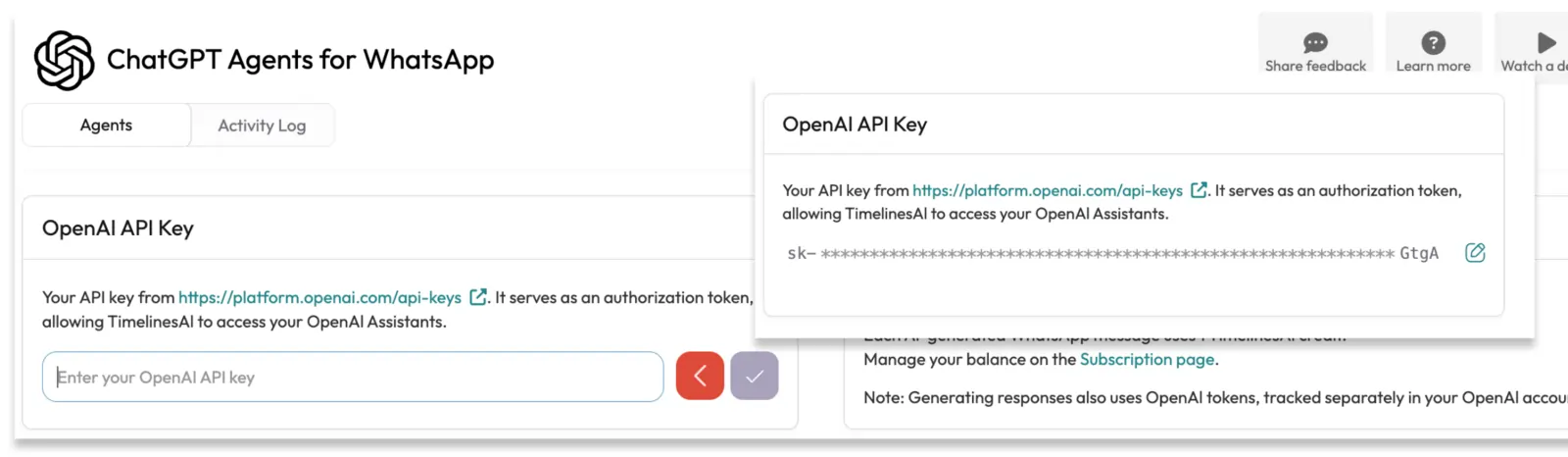 save copied OpenAI API key in ChatGPT Agents in TimelinesAI